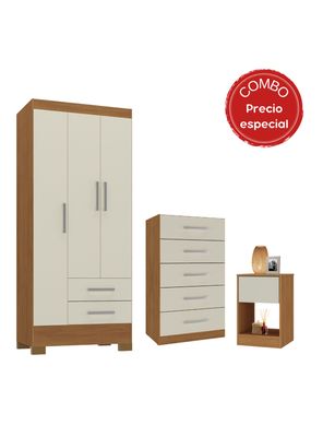 Combo Clóset + Cómoda + Velador Canela y Blanco Off White