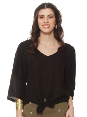 Blusa Manga 3/4 Ajustable Lino Sólida Escote V