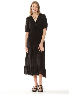 Vestido Sólido Escote V y Cintura Elasticada