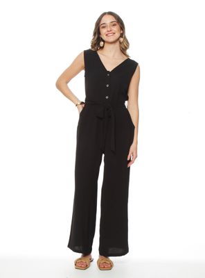 Enterito sin Manga con Lazo en Cintura y Bolsillo Escote V