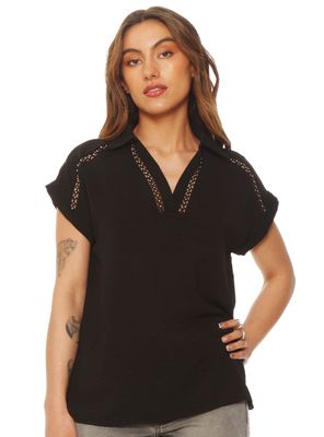 Blusa Manga Corta Sólida Escote V con Cuello