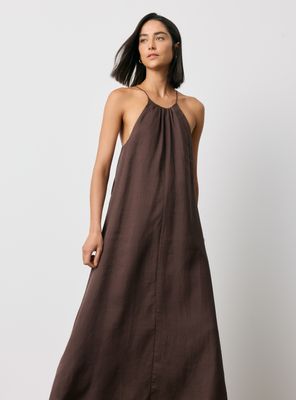 Vestido con Pliegues en Cuello Mezcla Lyocell y Ramio