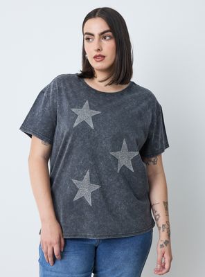 Polera Lavada con Estampado Brillos