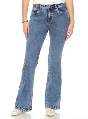 Jeans Flare Tiro Alto Pretina Básica un Botón Push Up