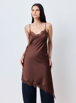 Vestido Lencero Satinado con Encaje y Pabilos