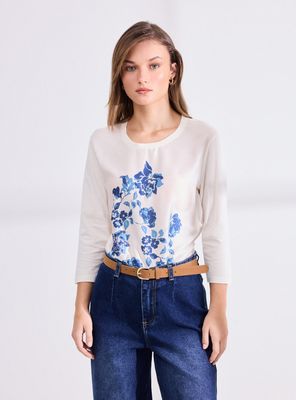 Imagen 1 del producto Polera Mezcla de Telas con Estampado y Lentejuelas