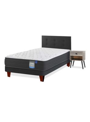 Cama Europea Europedic Dual 1 Plazas Base Normal + Respaldo Royal Negro + Velador Rock