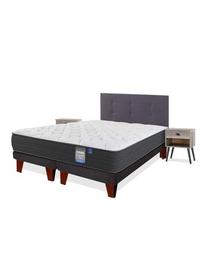 Cama Europea Europedic Dual 2 Plazas Box Base Dividida + Respaldo Royal Grafito + Velador Rock