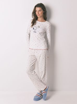Pijama Largo Algodón Snoopy Flores Blanco