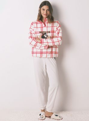 Pijama Largo Mafalda Polar Cuadros Blanco