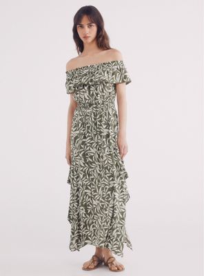 Vestido Midi Escote Volante Estampado