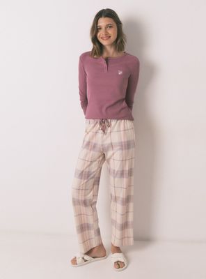 Pijama Largo Algodón Estampado Cuadros Rosa