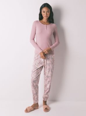 Pijama Largo Algodón Estampado Floral Rosa