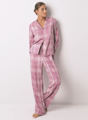 Pijama Camisero Largo Viscosa Cuadros Rosa