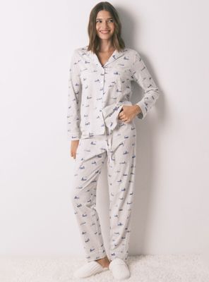 Pijama Camisero Largo Algodón Gris Print Casitas