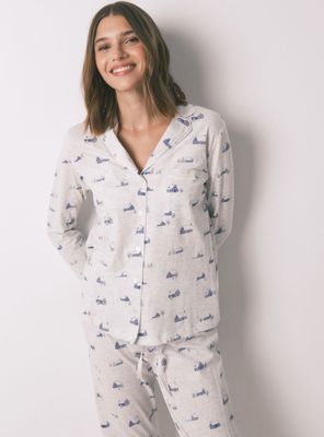 Imagen 2 del producto Pijama Camisero Largo Algodón Gris Print Casitas