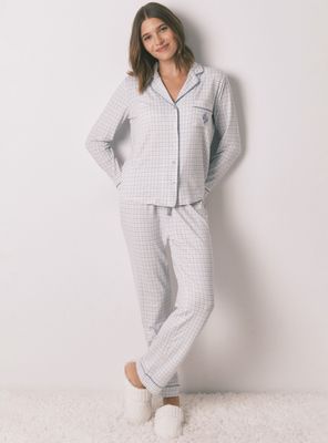 Pijama Camisero Largo Cuadros Efecto Brillo