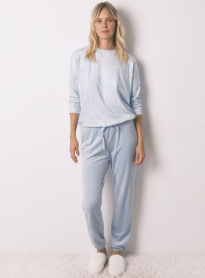 Pijama Largo Terciopelo Brillo Flores Azul