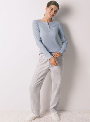 Pijama Largo Cuadros Efecto Brillo Azul