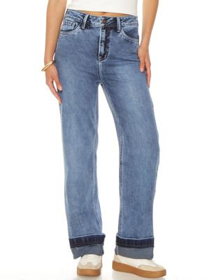 Jeans Recto Tiro Alto Pretina Push Up Roll Up