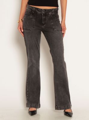Jeans Cargo Flare Tiro Alto Pretina Media Dos Botones