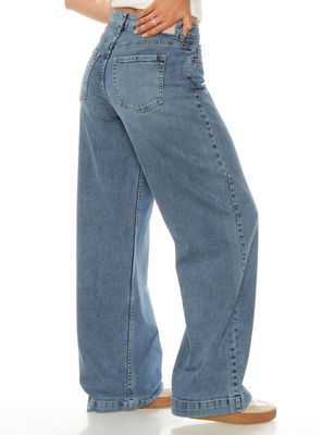 Imagen 2 del producto Jeans Wide Leg Tiro Alto Pretina Básica con Botón