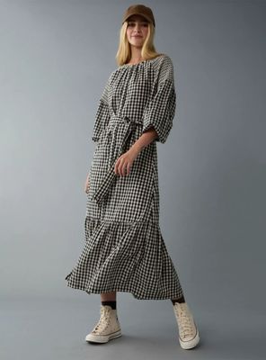 Vestido AE Maxi Vichy Estilo Camisa Manga Larga