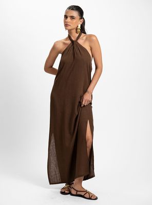 Vestido Lino Largo Halter Tira Ajustable