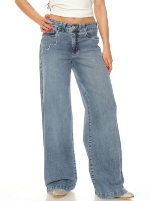 Jeans Wide Leg Tiro Alto Pretina Básica 1 Botón Bordado