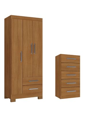 Combo Clóset de 3 Puertas 2 Cajones + Cómoda de 5 Cajones Canela