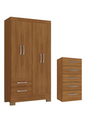 Combo Clóset de 4 Puertas 2 Cajones + Cómoda de 5 Cajones Canela