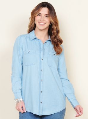 Blusa Lyocell Listada Abotonada en Delantero y Bolsillo