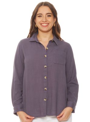 Blusa Sólida Abotonada en el Delantero con Bolsillo