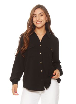 Blusa Manga Larga Abotonada en Delantero y Bolsillos