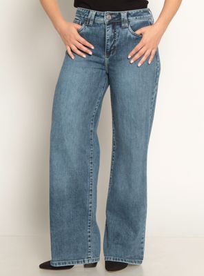 Jeans Wide Tiro Bajo Pretina Básica de 1 Botón