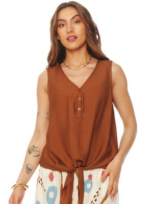 Blusa sin Manga Abotonada en Delantero Escote V Nudo Ruedo