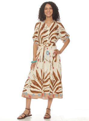 Vestido Manga Corta Estampado Escote V con Cinturón Color