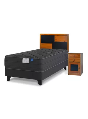 Cama Europea Black 1 Plaza Base Normal + Respaldo + Veladores