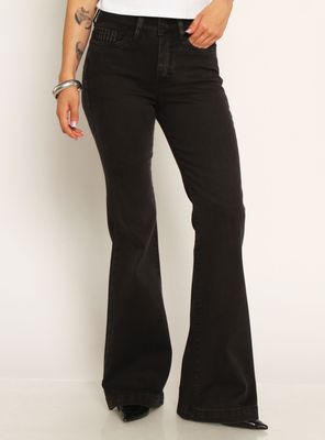 Jeans Flare Tiro Alto Pretina Básica 1 Botón