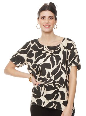 Blusa Manga Corta Lino Estampado Escote Redondo