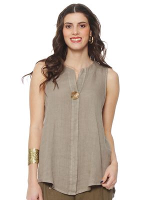 Blusa sin Manga Lino Escote V Botón