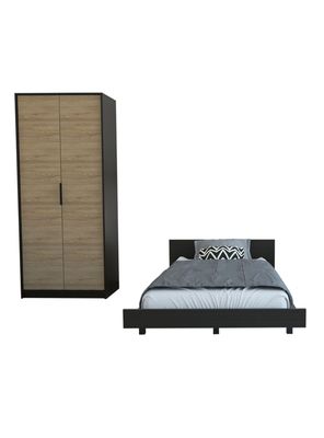 Set Base Cama 2 Plazas + Closet Colgador 2 Puertas Wengue y Miel