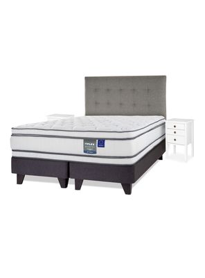 Cama Europea Majesty 2 Plazas + Respaldo Gris + Velador Roma