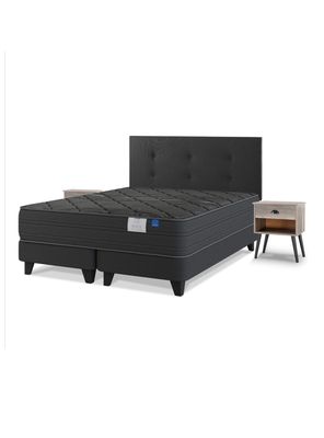 Cama Europea King Black Base Dividida Gris Respaldo + Veladores