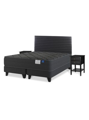 Cama Europea King Black Base Dividida Gris Respaldo + Veladores