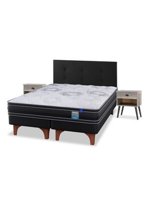 Cama Europea Seven Plus King + Respaldo Royal Negro + Velador Rock