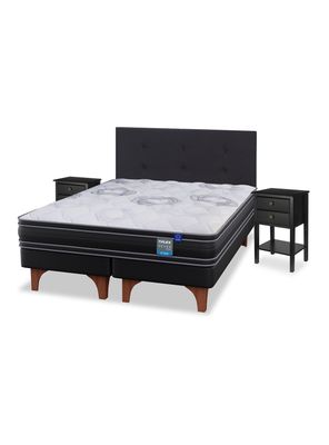 Cama Europea Seven Plus King + Respaldo Royal Negro + Velador Rover