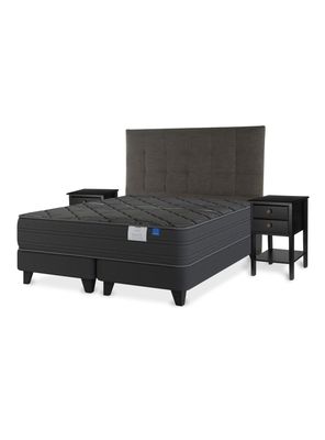 Cama Europea King Black Base Dividida Respaldo + Velador