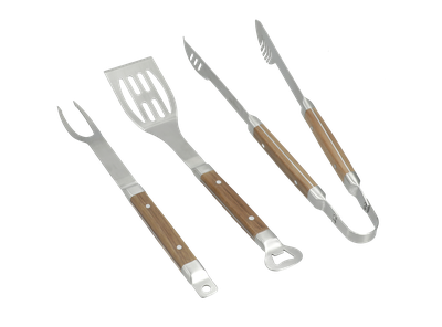 Set 4 Utensilios Asado Acero Acacia
