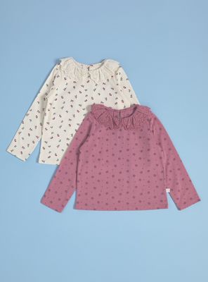 Polera Bipack Estampada con Cuello de Broderie a Tono